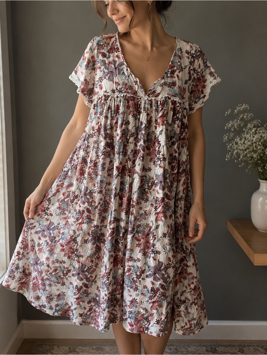 Dresses & Skirts - Boho Floral Babydoll Dress Cottagecore Lace Trim Flowy Midi/Lounge Dress